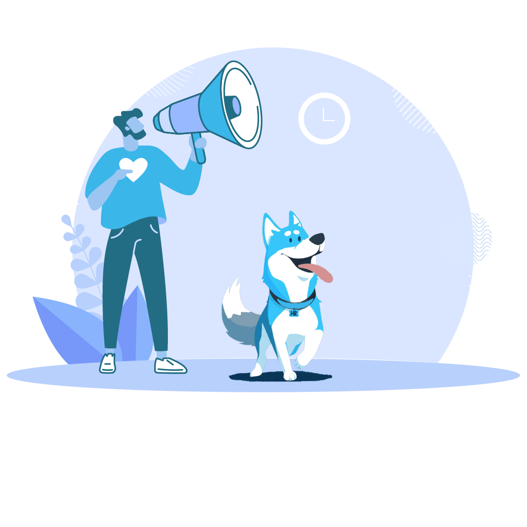 A person holding a megaphone directs Bandit, the CareNet HR mascot to serve nonprofit organizations in the social service nonprofit sector. 