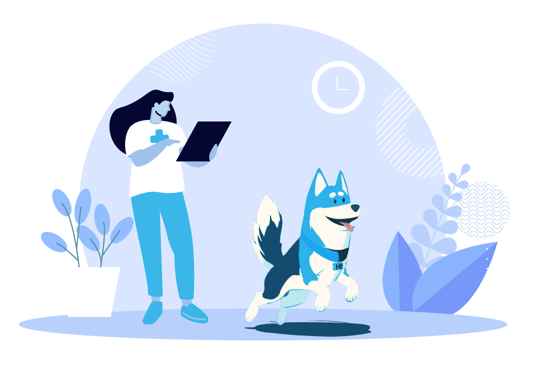 A cartoon of a nonprofit worker in the social service nonprofit sector directing a blue and white dog, the mascot of CareNet HR. 