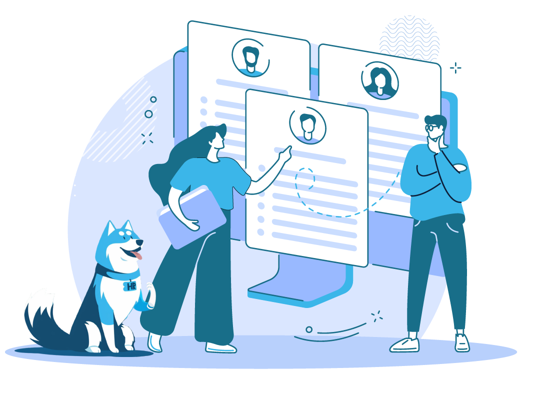 A team of HR professionals with large documents representing workers in the social service nonprofit sector with the CareNet HR mascot, Bandit. 